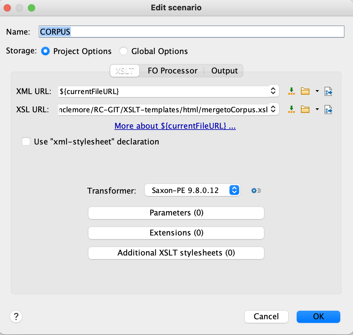 Corpus transformation scenario config in OxygenXML