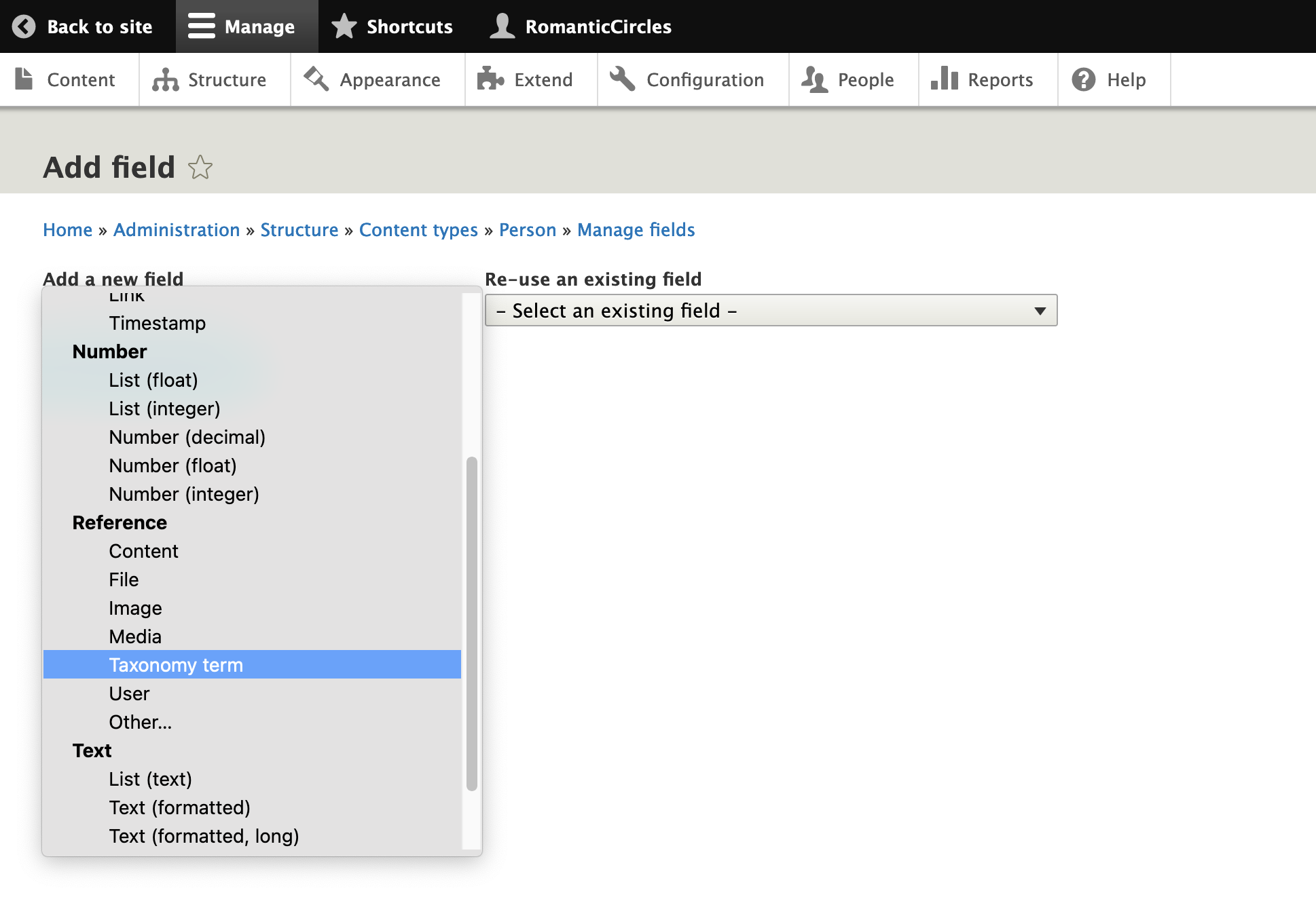 Screenshot of taxonomy reference field creation