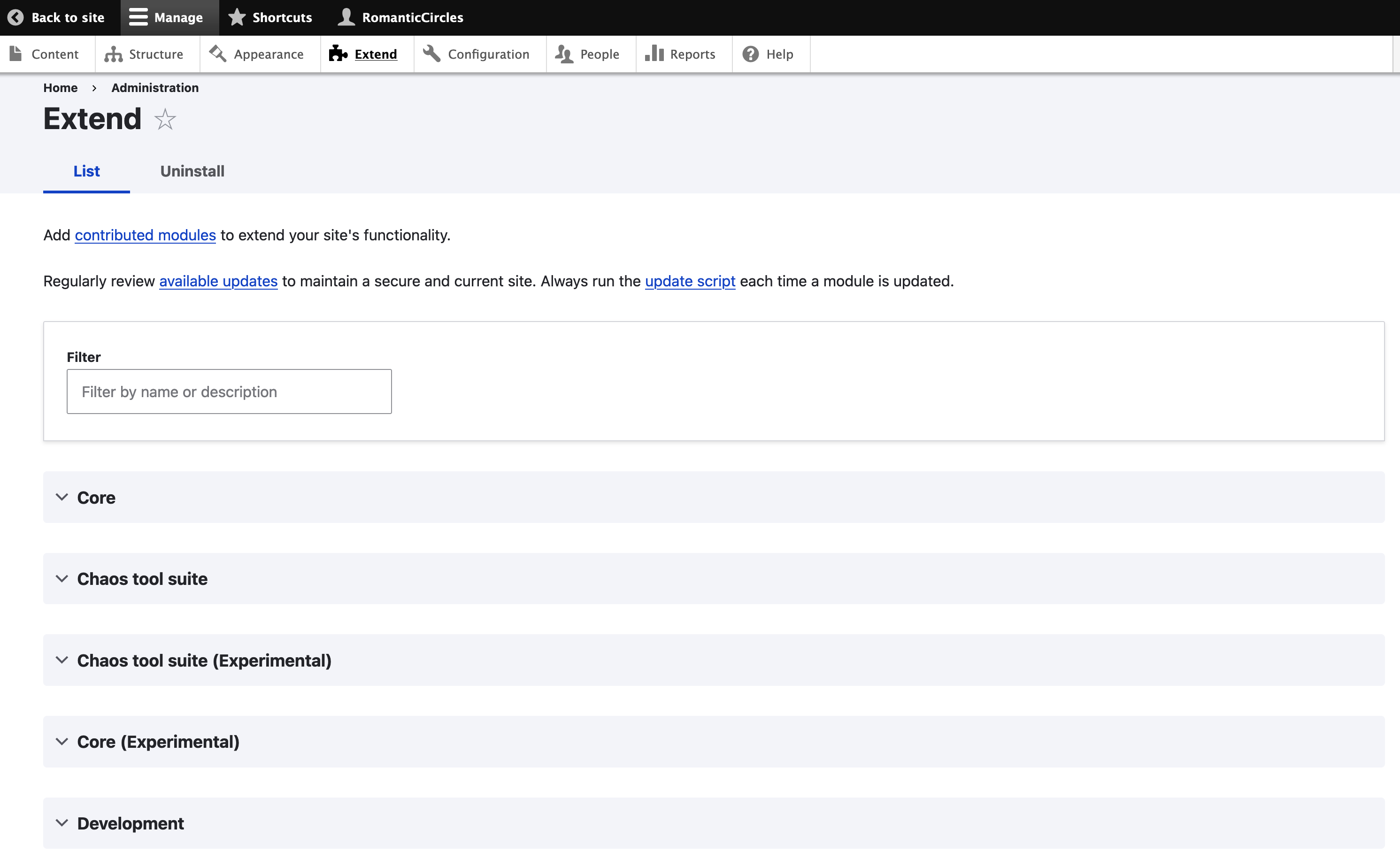 Screenshot of extend page