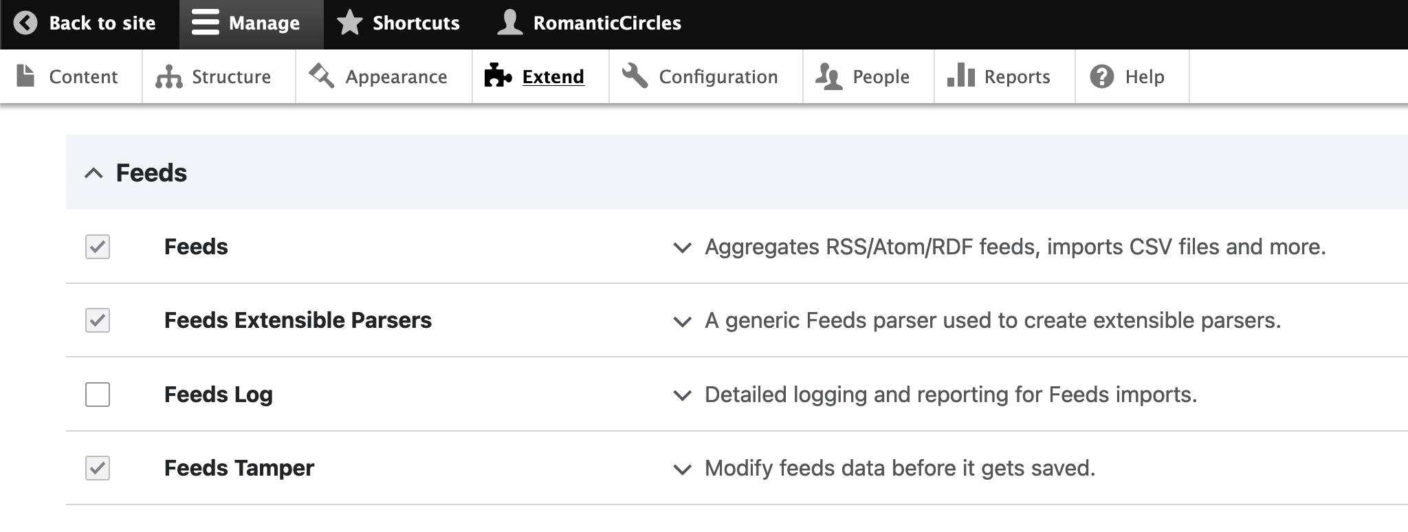 Screenshot of feeds modules on extend menu