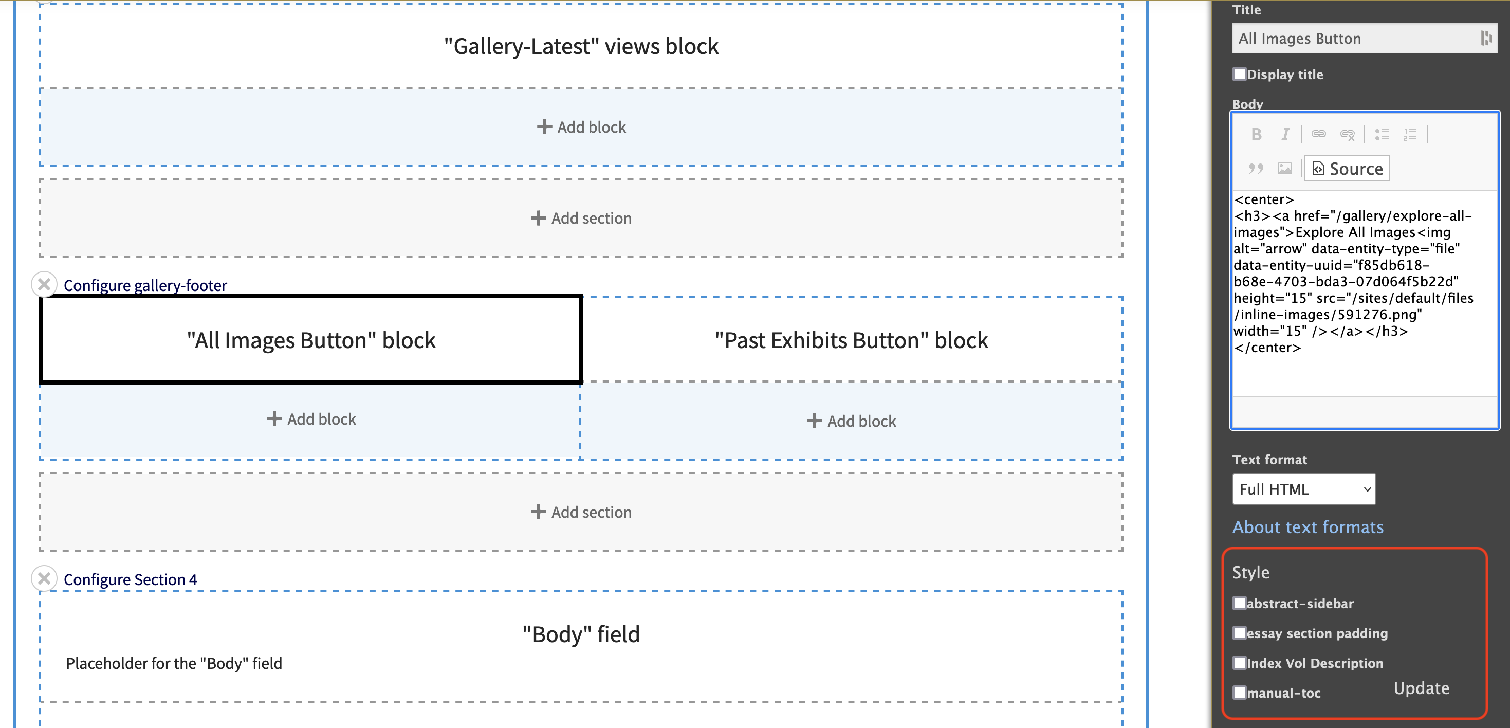 Screenshot of layout builder config w/ styles