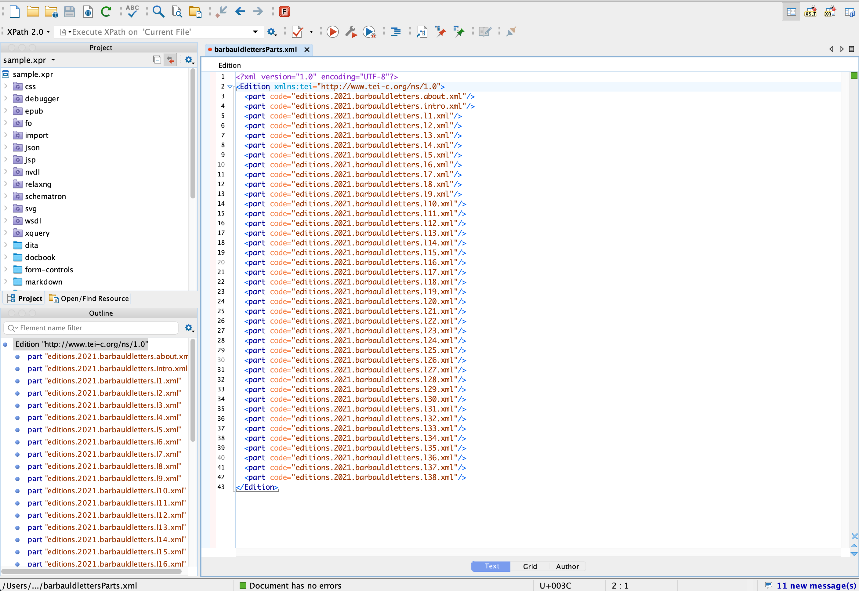 Screenshot of parts file in OxygenXML