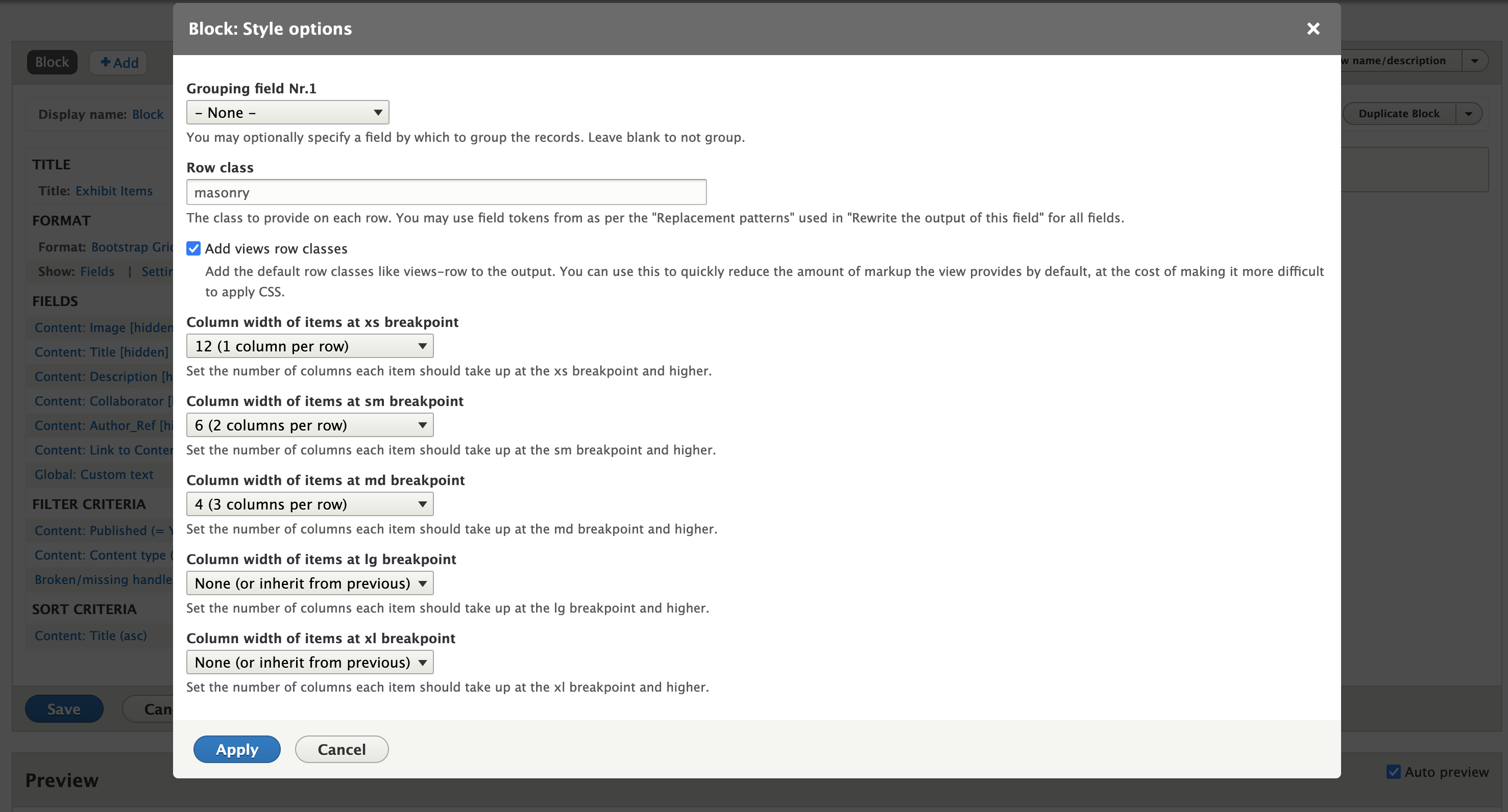 Screenshot of format settings